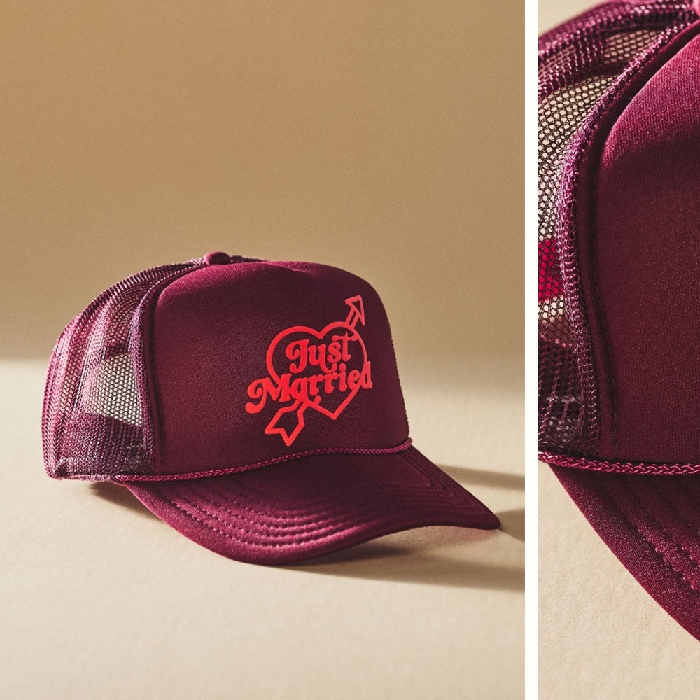 Ascot + Hart Maroon "Just Married" Trucker Hat
